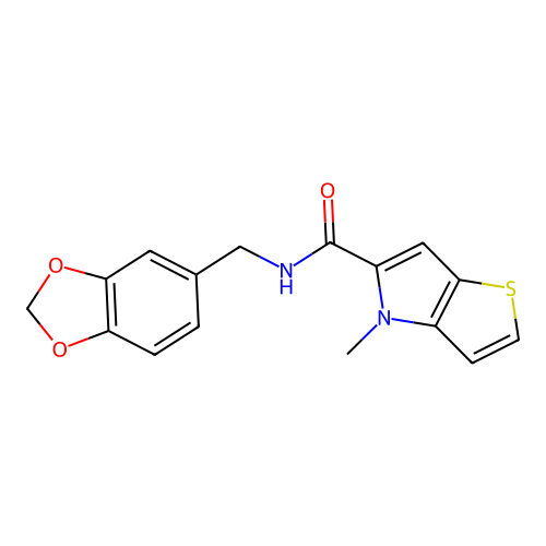 N-(1,3-benzodioxol-5-ylmethyl)-4-methyl-4H-thieno[3,2-b]pyrrole-5-carboxamide structure