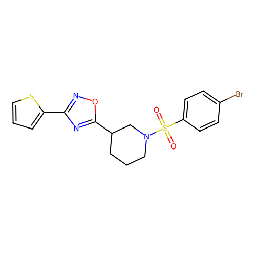 5-[1-(4-Bromophenyl)sulfonylpiperidin-3-yl]-3-thiophen-2-yl-1,2,4-oxadiazole structure