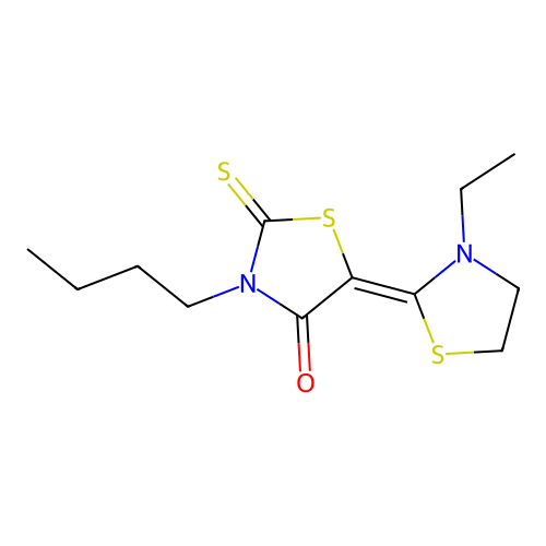 3-Butyl-5-(3-ethyl-2-thiazolidinylidene)-2-thioxo-4-thiazolidinone structure