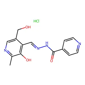 N-[[3-hydroxy-5-(hydroxymethyl)-2-methyl-4-pyridinyl]methylideneamino]pyridine-4-carboxamide;hydrochloride structure