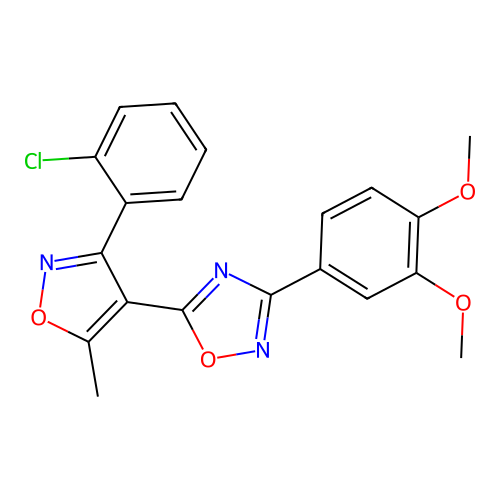 5-[3-(2-chlorophenyl)-5-methyl-1,2-oxazol-4-yl]-3-(3,4-dimethoxyphenyl)-1,2,4-oxadiazole structure