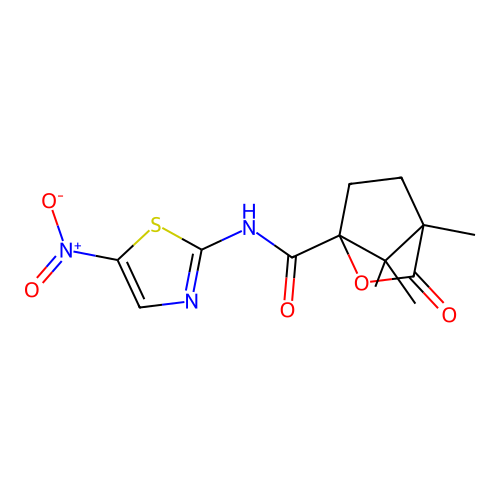 1,7,7-trimethyl-N-(5-nitro-1,3-thiazol-2-yl)-2-oxo-3-oxabicyclo[2.2.1]heptane-4-carboxamide structure