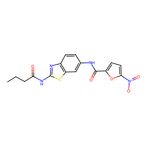 N-[2-(butanoylamino)-1,3-benzothiazol-6-yl]-5-nitrofuran-2-carboxamide structure