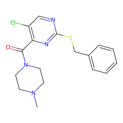 2-(Benzylsulfanyl)-5-chloro-4-(4-methylpiperazine-1-carbonyl)pyrimidine structure