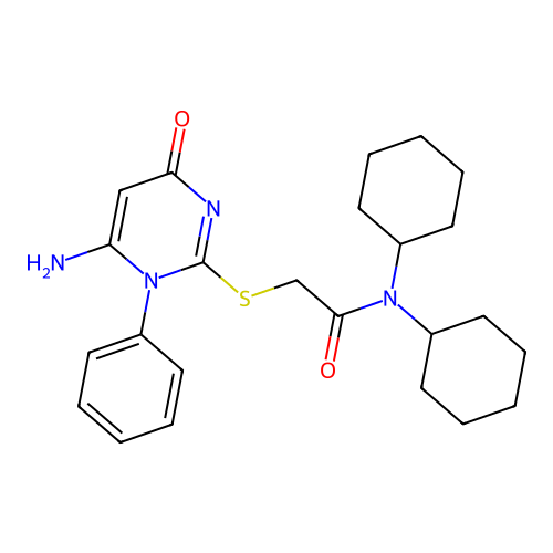 2-(6-amino-4-oxo-1-phenylpyrimidin-2-yl)sulfanyl-N,N-dicyclohexylacetamide structure