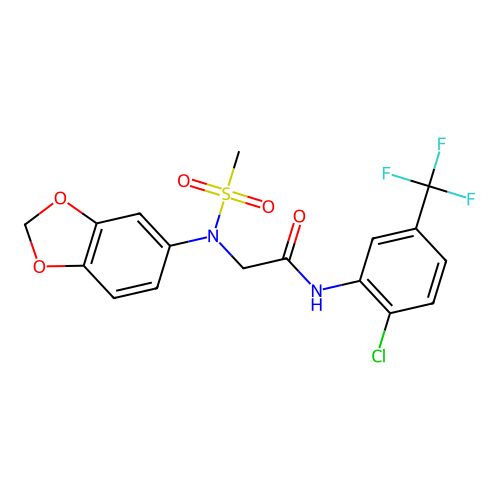 2-[1,3-benzodioxol-5-yl(methylsulfonyl)amino]-N-[2-chloro-5-(trifluoromethyl)phenyl]acetamide structure