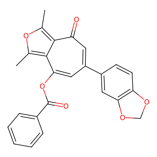 6-(benzo[d][1,3]dioxol-5-yl)-1,3-dimethyl-4-oxo-4H-cyclohepta[c]furan-8-yl benzoate structure