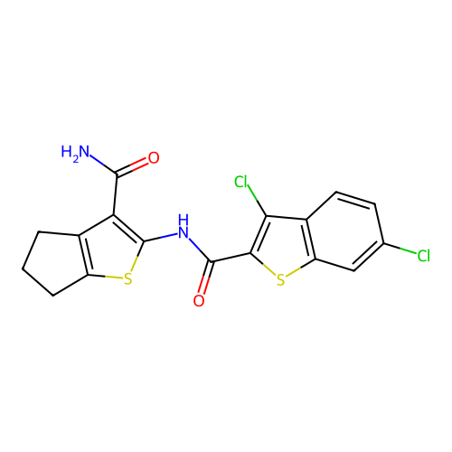 N-(3-carbamoyl-5,6-dihydro-4H-cyclopenta[b]thiophen-2-yl)-3,6-dichloro-1-benzothiophene-2-carboxamide structure