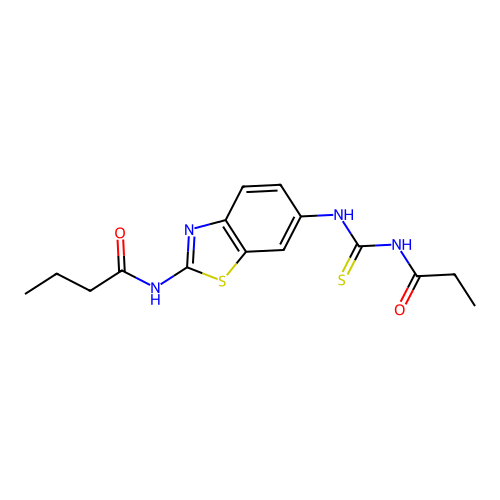 N-[6-(propanoylcarbamothioylamino)-1,3-benzothiazol-2-yl]butanamide structure