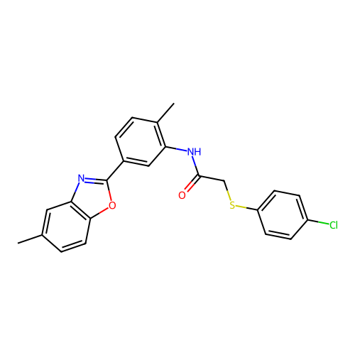 2-(4-chlorophenyl)sulfanyl-N-[2-methyl-5-(5-methyl-1,3-benzoxazol-2-yl)phenyl]acetamide structure