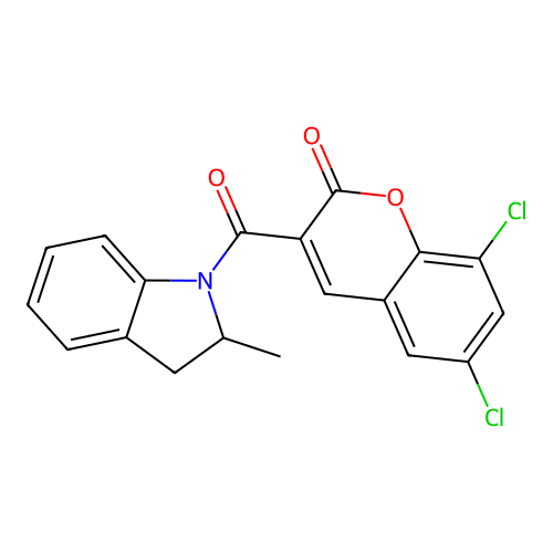 6,8-dichloro-3-(2-methylindoline-1-carbonyl)-2H-chromen-2-one structure