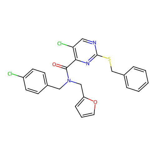 2-benzylsulfanyl-5-chloro-N-[(4-chlorophenyl)methyl]-N-(furan-2-ylmethyl)pyrimidine-4-carboxamide structure