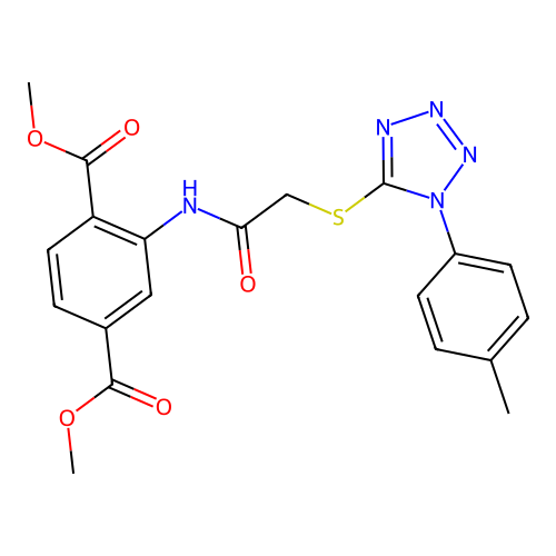 dimethyl 2-(2-((1-(p-tolyl)-1H-tetrazol-5-yl)thio)acetamido)terephthalate structure