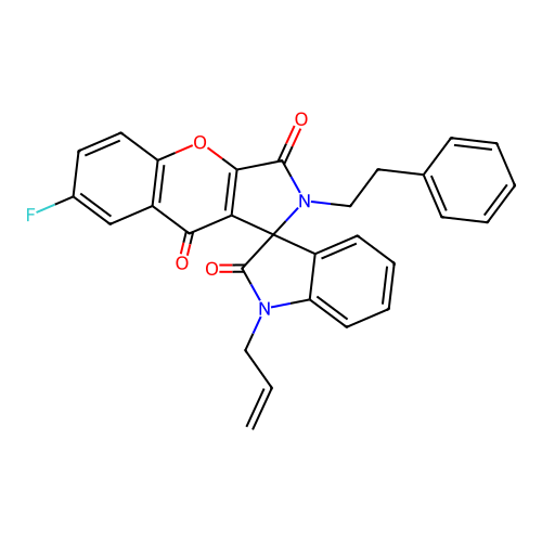7-fluoro-2-(2-phenylethyl)-1'-(prop-2-en-1-yl)-2H-spiro[chromeno[2,3-c]pyrrole-1,3'-indole]-2',3,9(1'H)-trione structure