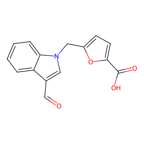 5-[(3-formyl-1H-indol-1-yl)methyl]furan-2-carboxylic acid structure