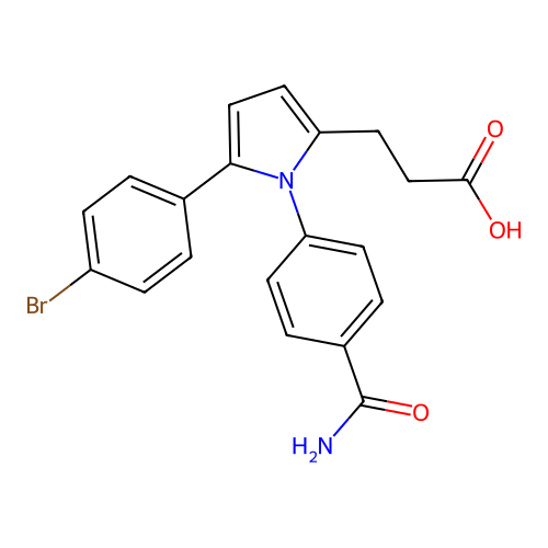3-[5-(4-bromophenyl)-1-(4-carbamoylphenyl)-1H-pyrrol-2-yl]propanoic acid structure