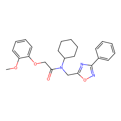 N-cyclohexyl-2-(2-methoxyphenoxy)-N-[(3-phenyl-1,2,4-oxadiazol-5-yl)methyl]acetamide structure