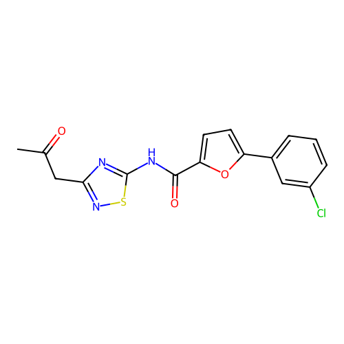 5-(3-chlorophenyl)-N-[3-(2-oxopropyl)-1,2,4-thiadiazol-5-yl]furan-2-carboxamide structure
