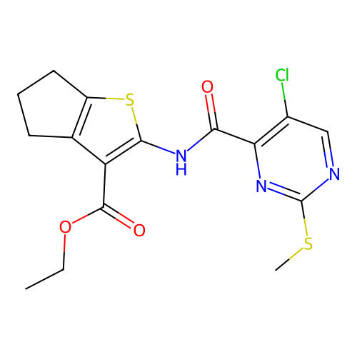 ethyl 2-({[5-chloro-2-(methylsulfanyl)pyrimidin-4-yl]carbonyl}amino)-5,6-dihydro-4H-cyclopenta[b]thiophene-3-carboxylate structure