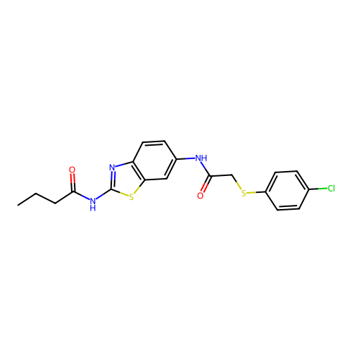N-[6-[[2-(4-chlorophenyl)sulfanylacetyl]amino]-1,3-benzothiazol-2-yl]butanamide structure