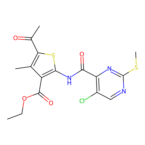 ethyl 5-acetyl-2-[5-chloro-2-(methylsulfanyl)pyrimidine-4-amido]-4-methylthiophene-3-carboxylate structure