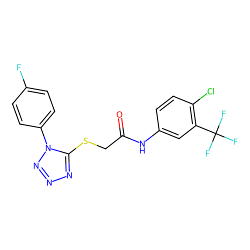 N-[4-chloro-3-(trifluoromethyl)phenyl]-2-[1-(4-fluorophenyl)tetrazol-5-yl]sulfanylacetamide structure