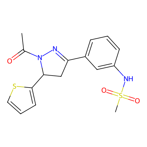 N-{3-[1-acetyl-5-(thiophen-2-yl)-4,5-dihydro-1H-pyrazol-3-yl]phenyl}methanesulfonamide structure