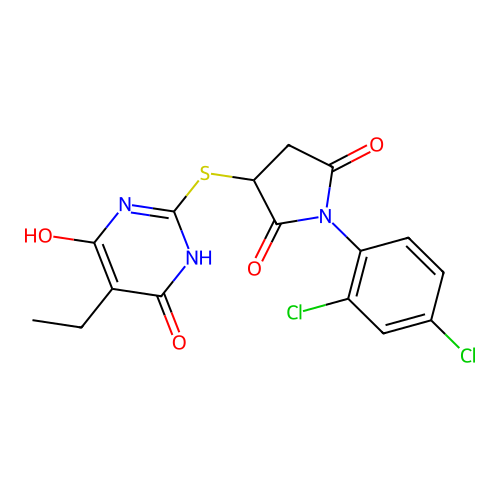 1-(2,4-dichlorophenyl)-3-[(5-ethyl-4,6-dihydroxypyrimidin-2-yl)sulfanyl]pyrrolidine-2,5-dione structure