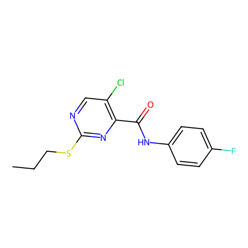 5-chloro-N-(4-fluorophenyl)-2-(propylsulfanyl)pyrimidine-4-carboxamide structure