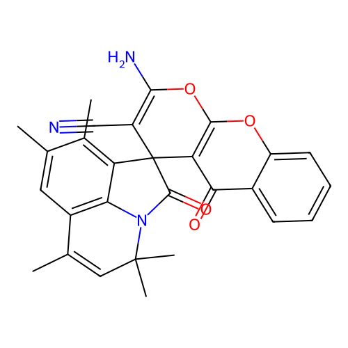 2-amino-4',4',6',8',9'-pentamethyl-2',5-dioxo-4'H,5H-spiro[pyrano[2,3-b]chromene-4,1'-pyrrolo[3,2,1-ij]quinoline]-3-carbonitrile structure
