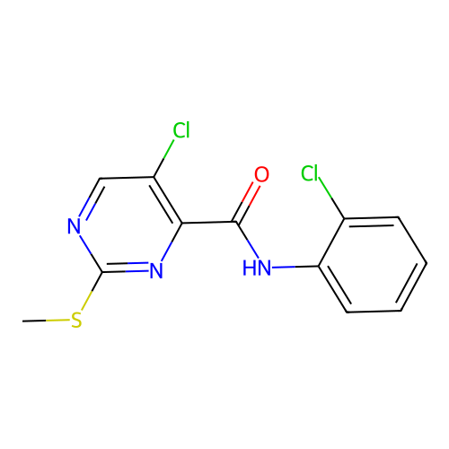 5-chloro-N-(2-chlorophenyl)-2-(methylsulfanyl)pyrimidine-4-carboxamide structure
