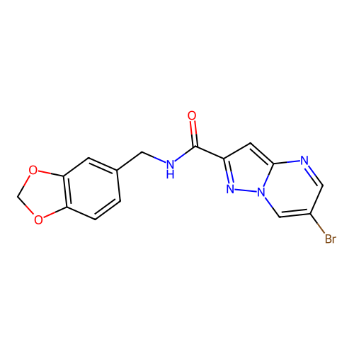 N-(1,3-benzodioxol-5-ylmethyl)-6-bromopyrazolo[1,5-a]pyrimidine-2-carboxamide structure
