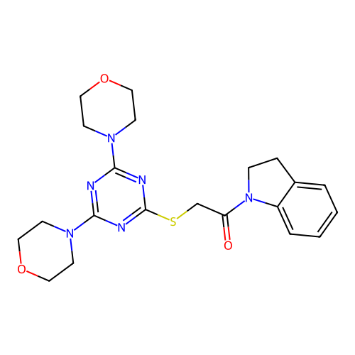 1-(2,3-dihydroindol-1-yl)-2-[(4,6-dimorpholin-4-yl-1,3,5-triazin-2-yl)sulfanyl]ethanone structure