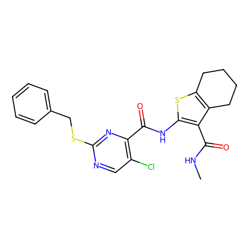 2-benzylsulfanyl-5-chloro-N-[3-(methylcarbamoyl)-4,5,6,7-tetrahydro-1-benzothiophen-2-yl]pyrimidine-4-carboxamide structure