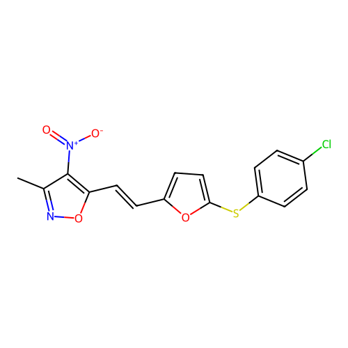 5-[(E)-2-[5-(4-chlorophenyl)sulfanylfuran-2-yl]ethenyl]-3-methyl-4-nitro-1,2-oxazole structure