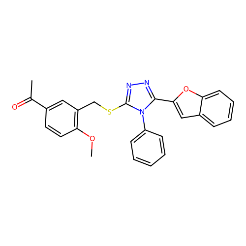 1-[3-[[5-(1-benzofuran-2-yl)-4-phenyl-1,2,4-triazol-3-yl]sulfanylmethyl]-4-methoxyphenyl]ethanone structure