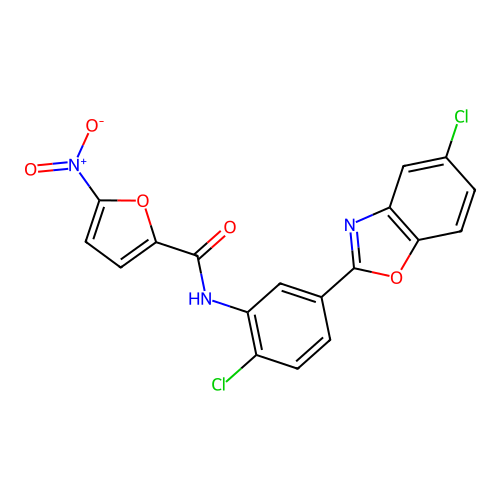 N-[2-chloro-5-(5-chloro-1,3-benzoxazol-2-yl)phenyl]-5-nitrofuran-2-carboxamide structure