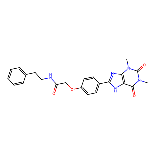 2-[4-(1,3-dimethyl-2,6-dioxo-7H-purin-8-yl)phenoxy]-N-phenethylacetamide structure