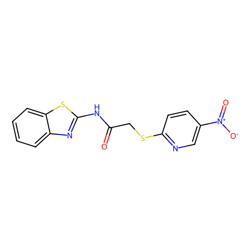N-(1,3-benzothiazol-2-yl)-2-(5-nitropyridin-2-yl)sulfanylacetamide structure