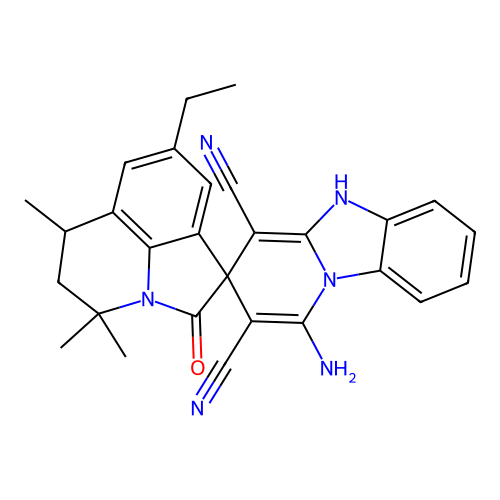 1-amino-8'-ethyl-4',4',6'-trimethyl-2'-oxo-5',6'-dihydro-4'H,5H-spiro[pyrido[1,2-a]benzimidazole-3,1'-pyrrolo[3,2,1-ij]quinoline]-2,4-dicarbonitrile structure
