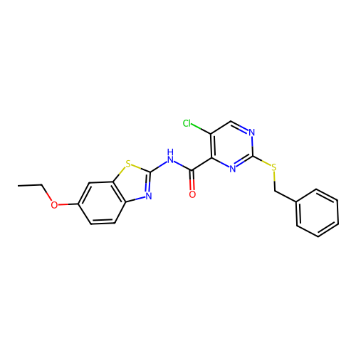 2-benzylsulfanyl-5-chloro-N-(6-ethoxy-1,3-benzothiazol-2-yl)pyrimidine-4-carboxamide structure
