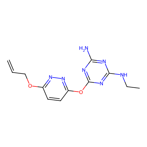 N-ethyl-6-{[6-(prop-2-en-1-yloxy)pyridazin-3-yl]oxy}-1,3,5-triazine-2,4-diamine structure