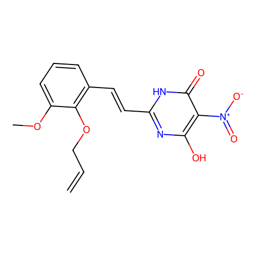 (E)-2-(2-(allyloxy)-3-methoxystyryl)-6-hydroxy-5-nitropyrimidin-4(3H)-one structure