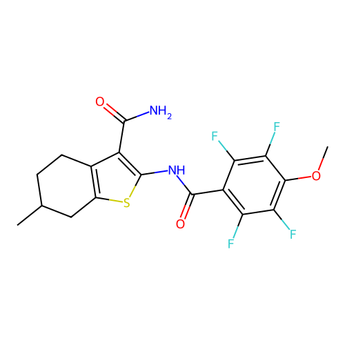 6-methyl-2-[(2,3,5,6-tetrafluoro-4-methoxybenzoyl)amino]-4,5,6,7-tetrahydro-1-benzothiophene-3-carboxamide structure