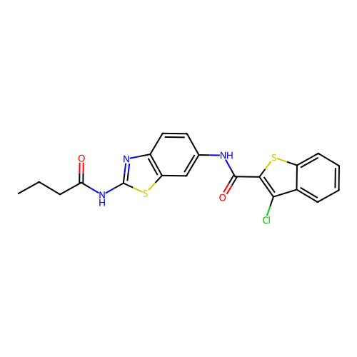 N-[2-(butanoylamino)-1,3-benzothiazol-6-yl]-3-chloro-1-benzothiophene-2-carboxamide structure