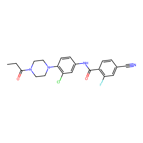 N-[3-chloro-4-(4-propanoylpiperazin-1-yl)phenyl]-4-cyano-2-fluorobenzamide structure