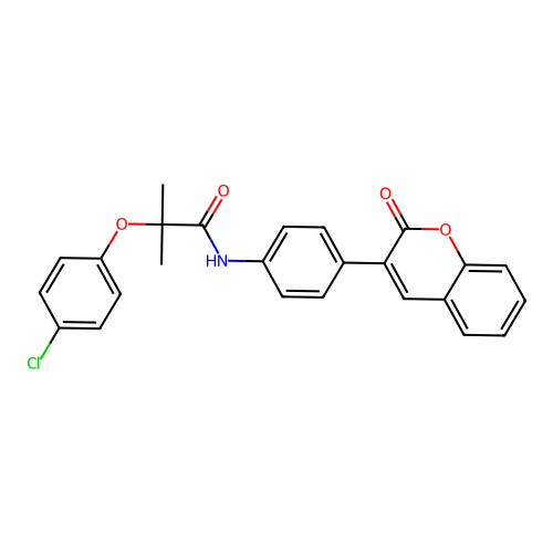 2-(4-chlorophenoxy)-2-methyl-N-[4-(2-oxochromen-3-yl)phenyl]propanamide structure