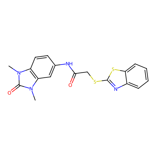 2-(1,3-benzothiazol-2-ylsulfanyl)-N-(1,3-dimethyl-2-oxobenzimidazol-5-yl)acetamide structure