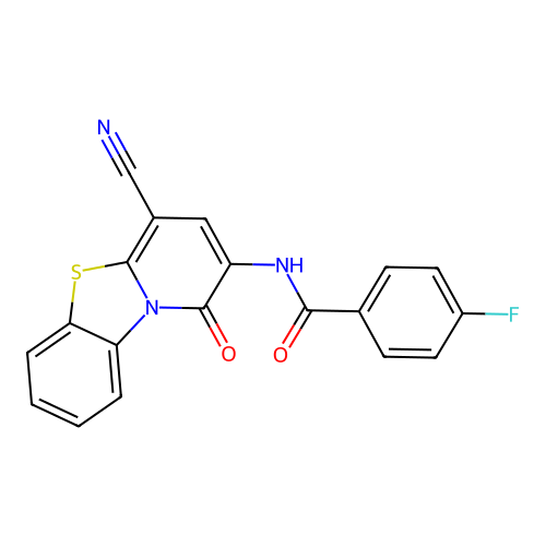 N-(4-cyano-1-oxo-1H-pyrido[2,1-b][1,3]benzothiazol-2-yl)-4-fluorobenzamide structure