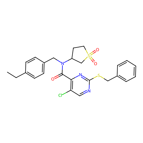 2-benzylsulfanyl-5-chloro-N-(1,1-dioxothiolan-3-yl)-N-[(4-ethylphenyl)methyl]pyrimidine-4-carboxamide structure